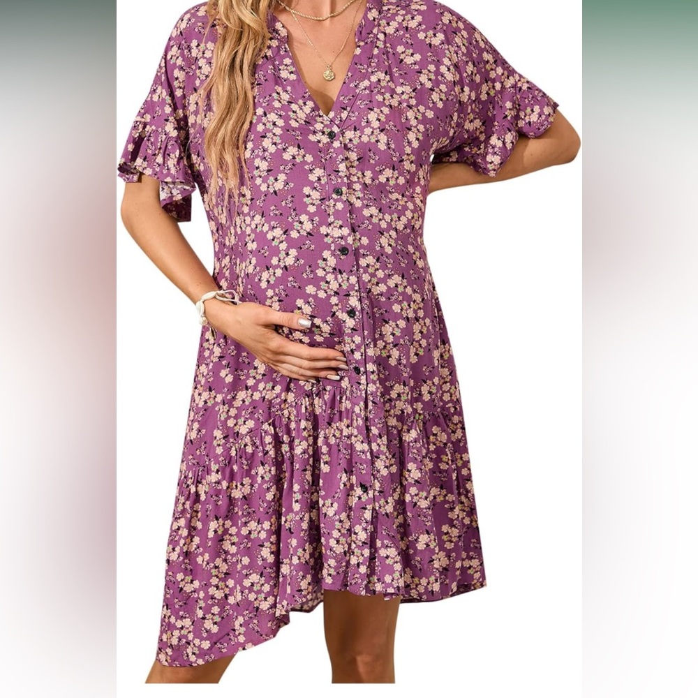 KOJOOIN Women's V Neck Short Sleeves Maternity Dresses Summer Casual